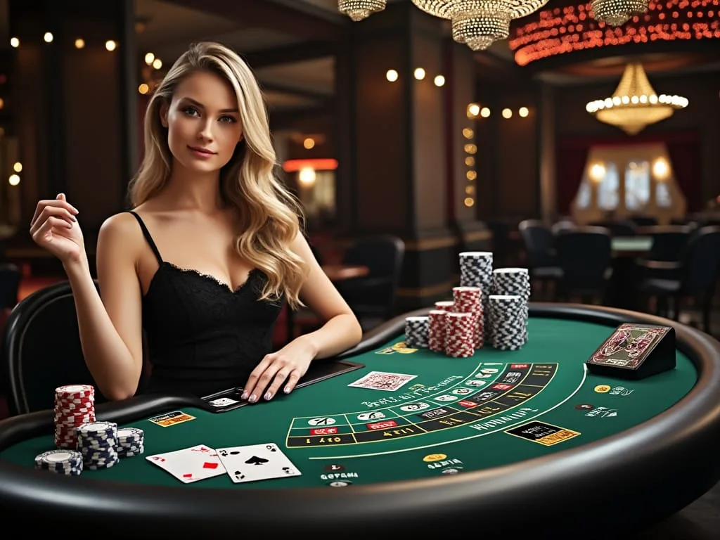 Meja kasino live dengan tampilan dealer dan permainan kartu